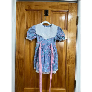Evy Vintage Blue Floral Little Girl Smocked Dress with Tie Size 4